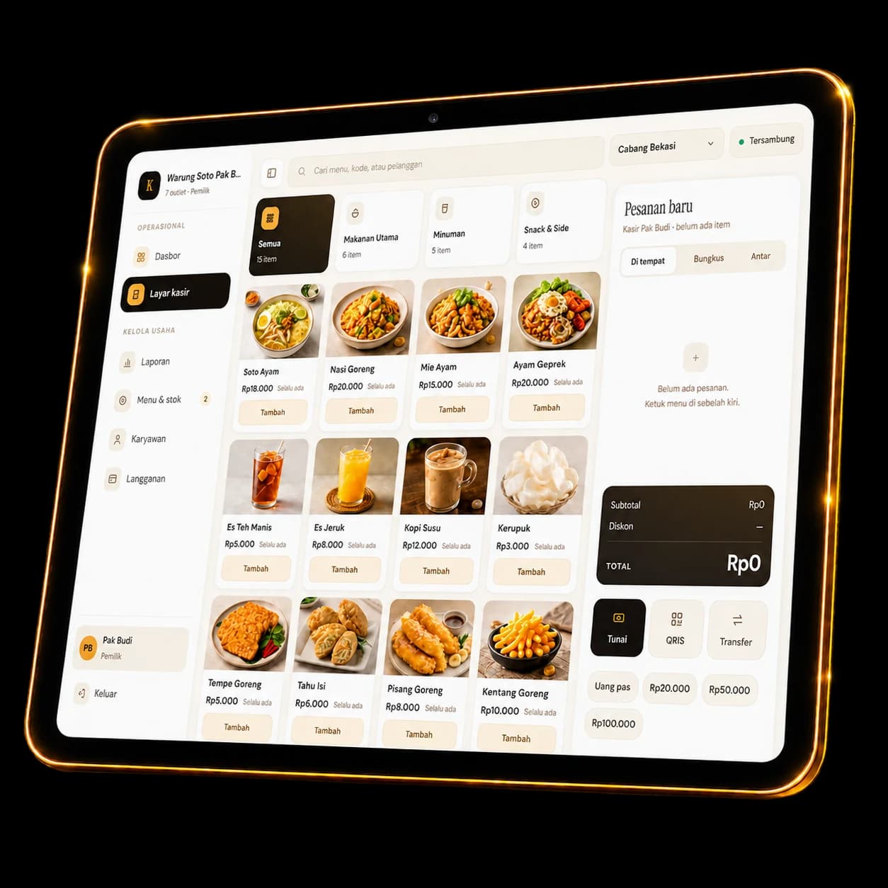 Tablet menampilkan layar kasir Kasirinyuk: daftar menu warung di sebelah kiri dan panel pesanan baru di sebelah kanan